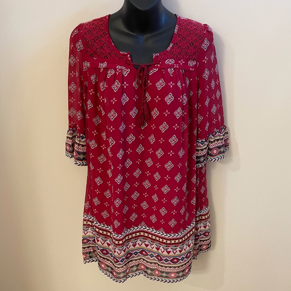 Red Boho Dress with Lace Neckline